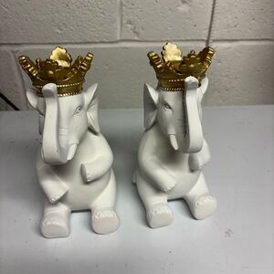 White Elephant Figurines with Gold Crowns